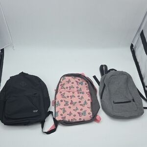 Set of Three Backpacks - Black, Pink Butterfly, Gray